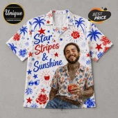 Short sleeve button-down shirt with Post Malone portrait, red and blue palm trees, hibiscus flowers, and text star stripes.!