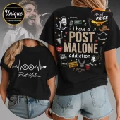 Black t-shirt featuring Post Malone graphics including a heartbeat pulse logo on front and collage prints on back.!