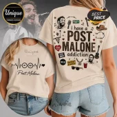 Beige graphic t-shirt featuring Post Malone portraits, text, and music-themed icons including a microphone and guitar.!