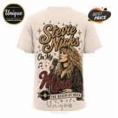 Beige cotton t-shirt with Stevie Nicks illustration, vintage microphone, vinyl record graphic, and text reading Queen of Rock.!
