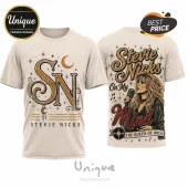 Cream-colored t-shirt displaying Stevie Nicks graphic with moon symbols on front and singer portrait on back.!