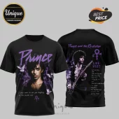 Black t-shirt featuring Prince portrait, purple smoke, doves, and 1987 concert tour tracklist on the back.!