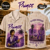Prince tropical button-down shirt featuring musician illustration, purple electric guitar, sunset beach, and seashell print.!