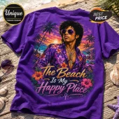 Purple t-shirt featuring a stylized illustration of a musician with sunglasses, tropical scenery, and printed text.!