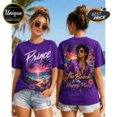 Purple t-shirt featuring Prince graphics, tropical beach sunset, palm trees, and text reading The Beach Is My Happy Place.!