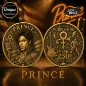 Prince commemorative bronze coin featuring portrait, guitar, symbol, and 1776-2026 text against blurred US flag background.!