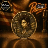 Commemorative bronze coin featuring Prince portrait, a microphone, and the text Prince and 1776-2026 against a US flag.!
