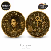 Prince commemorative bronze coin showing portrait, microphone, guitar, Love Symbol, America 250, and 1776-2026 text.!