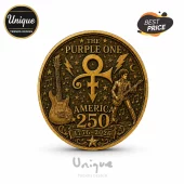Round antique brass commemorative coin featuring Prince, his symbol, electric guitars, stars, and America 250 text.!