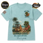 Light blue distressed cotton t-shirt featuring a green Rat Fink character with sunglasses, a hot rod, and beach graphics.!