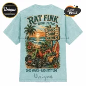 Light blue t-shirt back with Rat Fink surfing graphic, sunset beach scene, wooden sign reading Sand Surf Mayhem, and hot rod.!