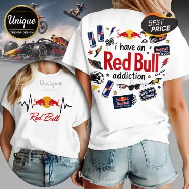 Red Bull Energy Drink Heartbeat Logo White Cotton Casual T-Shirt