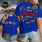 Blue Red Bull themed t-shirt with front heartbeat logo and back collage featuring energy drink cans, cars, and racing icons.!