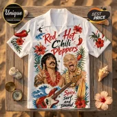White button-down shirt featuring Anthony Kiedis and Flea, red chili peppers, hibiscus flowers, and a bass guitar graphic.!