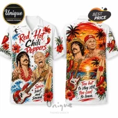 Red Hot Chili Peppers button-down shirt featuring Anthony Kiedis and Flea, tropical hibiscus, surfboards, and guitar.!