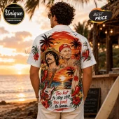White button-down shirt featuring Anthony Kiedis, Flea, a red chili pepper, surfboard, and beach sunset graphic print.!