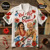 White button-down short-sleeve shirt featuring Red Hot Chili Peppers band members, surfboards, hibiscus, and chili peppers.!