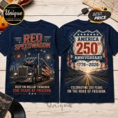 Navy blue t-shirt with Reo Speedwagon truck graphic on front and America 250th anniversary shield design on the back.!