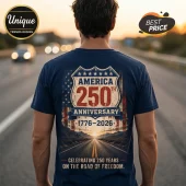 Navy blue t-shirt with American flag graphic, highway sunset print, and America 250th anniversary text on the back.!