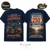 Navy blue t-shirt with Reo Speedwagon and American 250th anniversary graphics showing a truck, fireworks, and highway scene.!