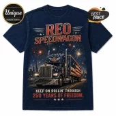 Navy blue t-shirt with Reo Speedwagon, semi-truck, US flag, fireworks, and text reading 250 Years of Freedom.!