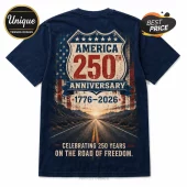 Navy blue t-shirt with patriotic America 250th anniversary graphic, US flag shield, desert road, and 1776-2026 text.!