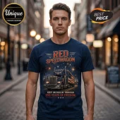 Navy blue t-shirt with Reo Speedwagon logo, American flag semi-truck graphic, fireworks, and text about 250 years of freedom.!