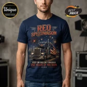 Navy blue t-shirt featuring a Reo Speedwagon semi-truck graphic, American flag pattern, fireworks, and patriotic text.!
