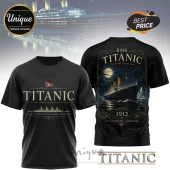 Black graphic t-shirt featuring RMS Titanic illustrations, gold lettering, and 1912 voyage details on front and back.!