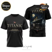 Black t-shirt featuring RMS Titanic illustration, text 1912, moonlit ocean scene, and Southampton to New York lettering.!
