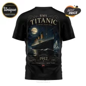Black t-shirt featuring a graphic of the RMS Titanic at night with a full moon, iceberg, and 1912 text.!