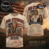 Rod Stewart graphic t-shirt featuring American flag motifs, concert photography, and song titles in a vintage tan aesthetic.!