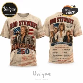Rod Stewart 250 years of freedom T-shirt with vintage American flag background, concert graphics, and song list print.!