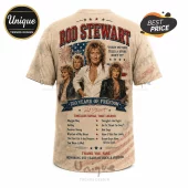 Beige Rod Stewart graphic t-shirt featuring portraits, American flag motif, song titles, and text on a vintage background.!