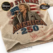 Rod Stewart t-shirt graphic with American flag background, fireworks, and text reading America 250 and his signature.!