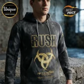 Dark grey acid-wash hoodie with gold Rush logo and Fifty Something Tour 2026 North America text on front.!