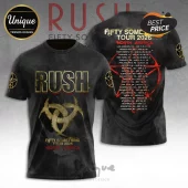 Black Rush band t-shirt featuring front logo with gold trinity symbol and back print of the 2026 North America tour dates.!