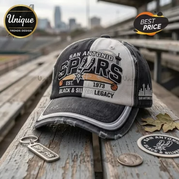 San Antonio Spurs Est 1973 Black & Silver Legacy Distressed Baseball Cap