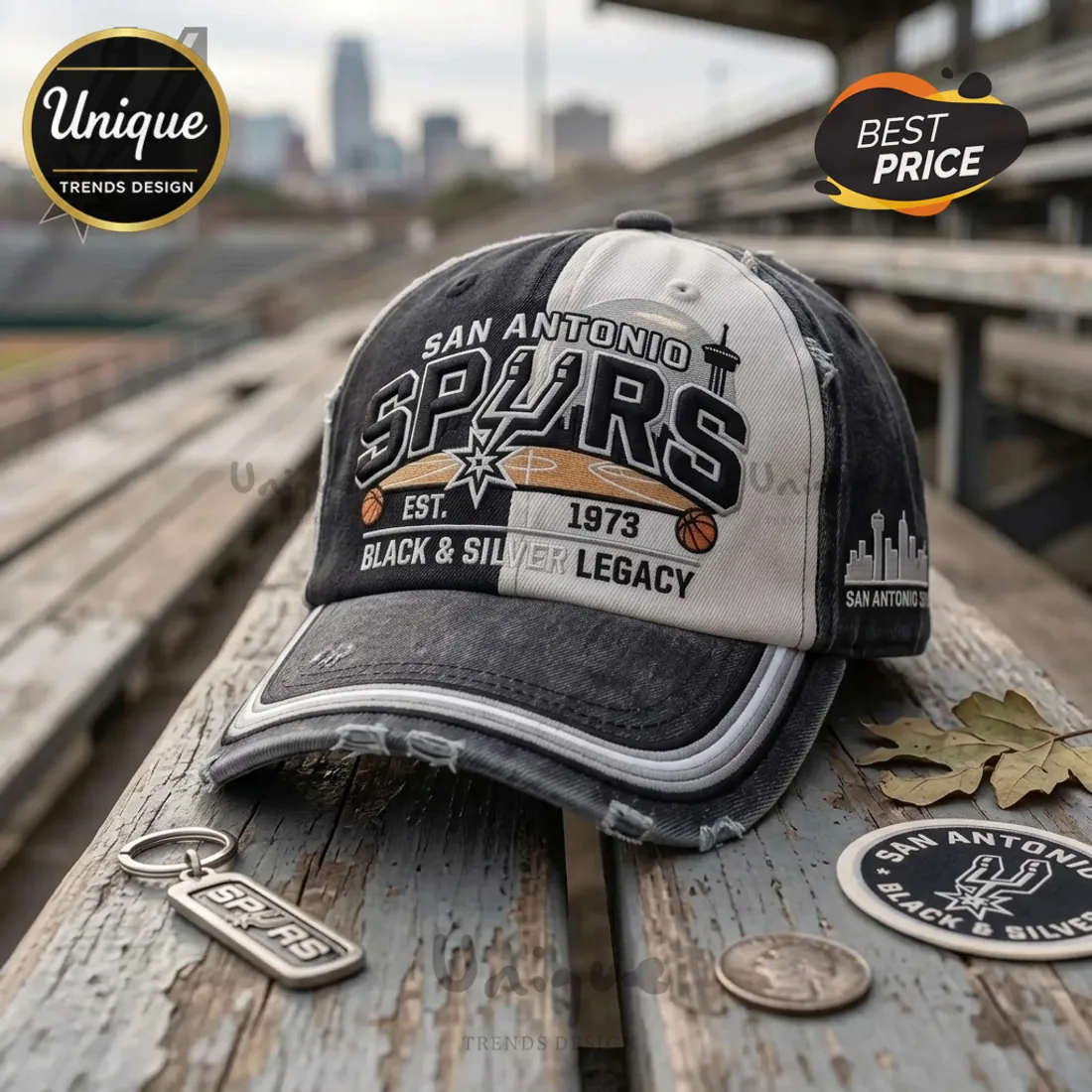 San Antonio Spurs Est 1973 Black & Silver Legacy Distressed Baseball Cap San Antonio Spurs Est 1973 Black & Silver Legacy Distressed Baseball Cap