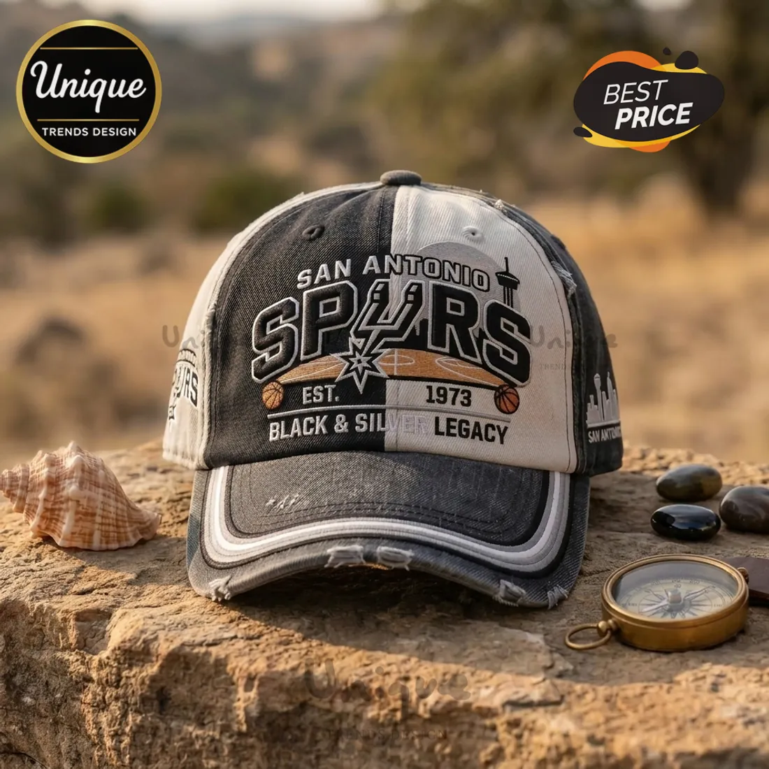 San Antonio Spurs Est 1973 Black & Silver Legacy Distressed Baseball Cap San Antonio Spurs Est 1973 Black & Silver Legacy Distressed Baseball Cap