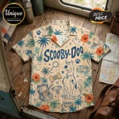 Scooby-Doo print beige Hawaiian shirt with tropical palm trees, hibiscus flowers, Mystery Machine, and ghost icons.!