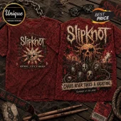 Slipknot band t-shirt with red acid wash, front logo, and back graphic featuring a sun skull and band members in masks.!