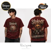 Red acid wash Slipknot band t-shirt with graphic prints on front and back featuring skulls and the text Chaos Never Takes A Vacation.!