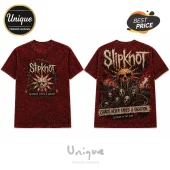 Slipknot band t-shirt with red acid-wash texture, featuring band logo, sun skull, and Chaos Never Takes A Vacation text.!