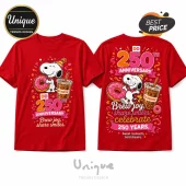 Red graphic t-shirt featuring Snoopy, a pink donut, and a Dunkin iced coffee for the 250th anniversary design.!