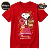 Red cotton crewneck t-shirt featuring Snoopy holding a pink donut and Dunkin iced coffee for the 250th anniversary.!