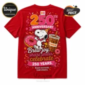 Red cotton t-shirt with Snoopy, Woodstock, a pink iced donut, and a Dunkin iced coffee for a 250th anniversary design.!
