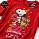 Red cotton t-shirt with Snoopy wearing a party hat, holding a pink donut and Dunkin iced coffee for 250th anniversary.!
