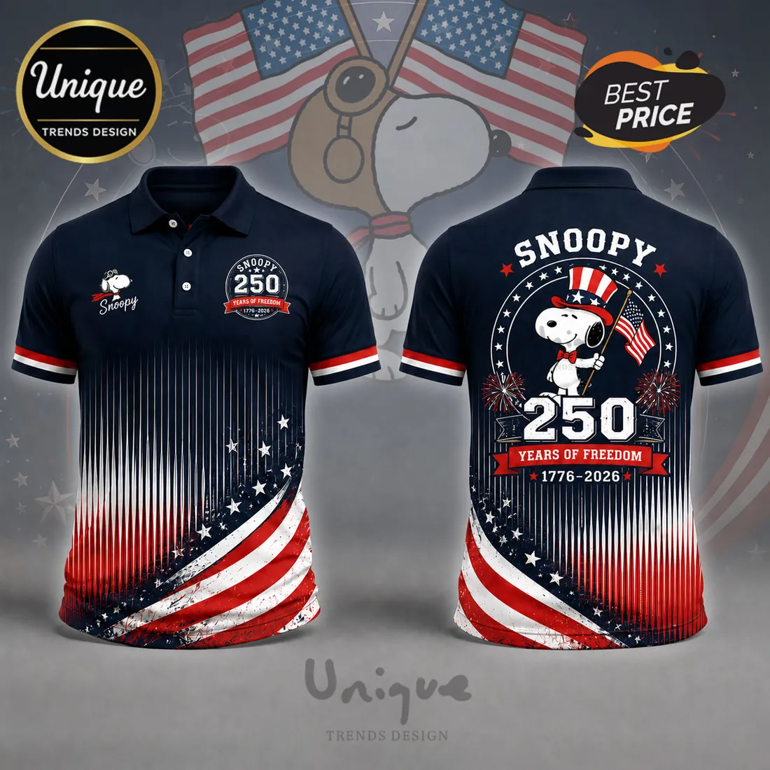 Snoopy x USA Patriotic 250 Years Of Freedom 1776-2026 Polo Shirt Snoopy x USA Patriotic 250 Years Of Freedom 1776-2026 Polo Shirt