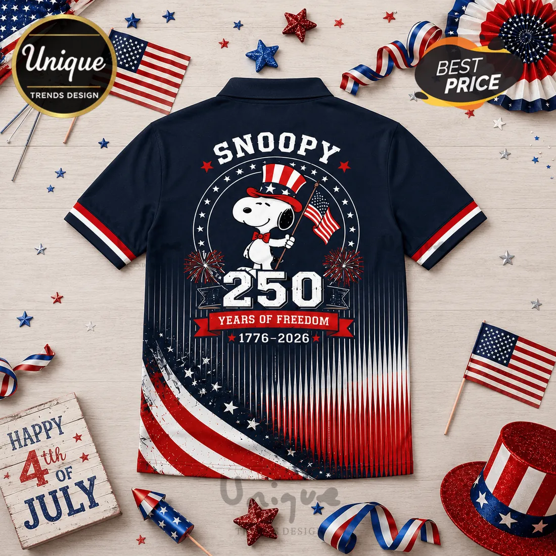 Snoopy x USA Patriotic 250 Years Of Freedom 1776-2026 Polo Shirt Snoopy x USA Patriotic 250 Years Of Freedom 1776-2026 Polo Shirt